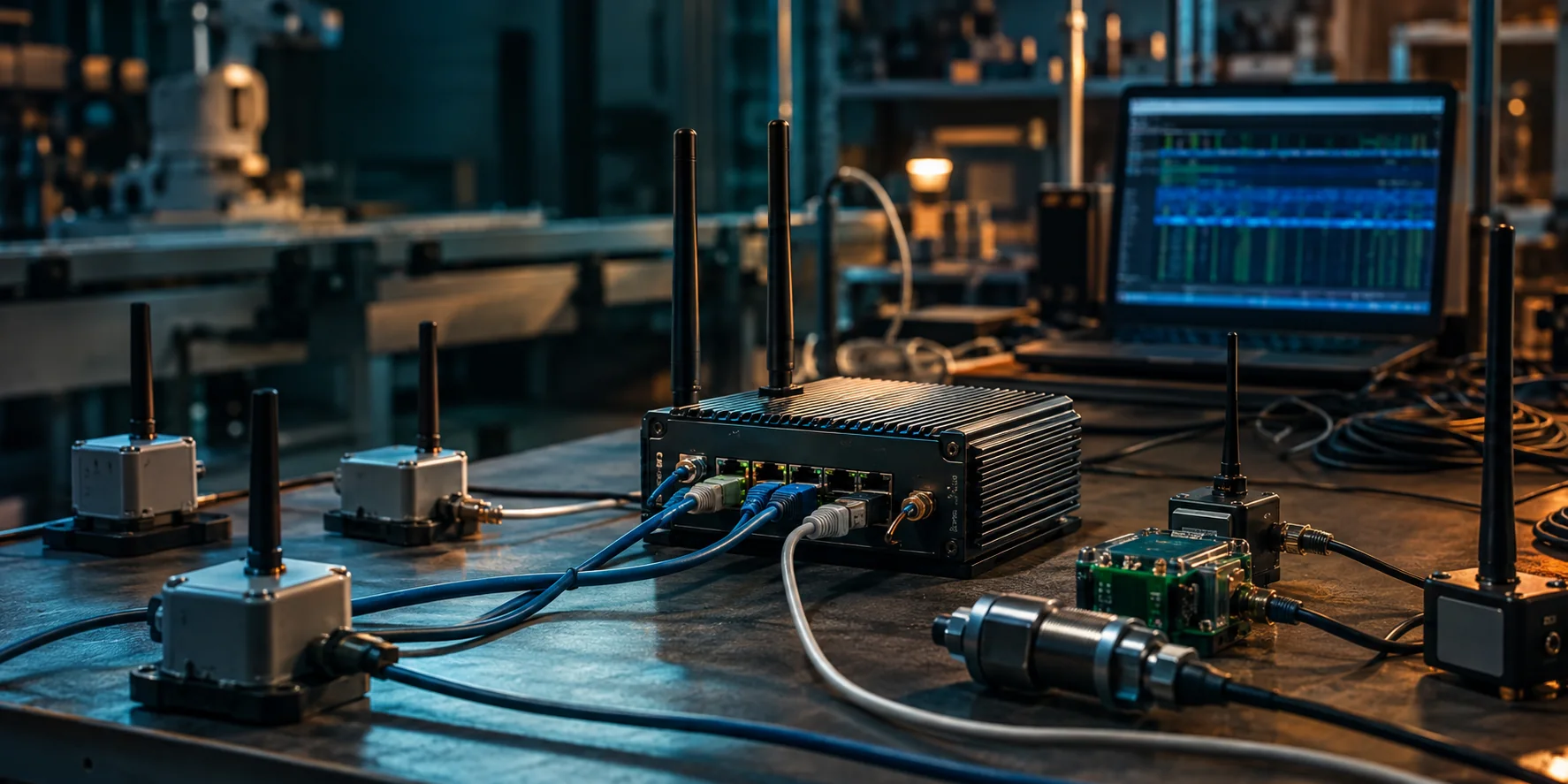 Industrial edge gateway connected to wired and wireless sensor nodes on a communications test bench