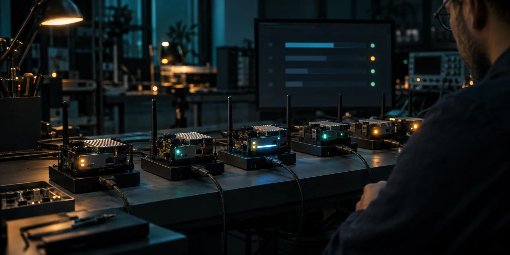 A controlled firmware rollout across a row of connected test devices in an embedded systems lab