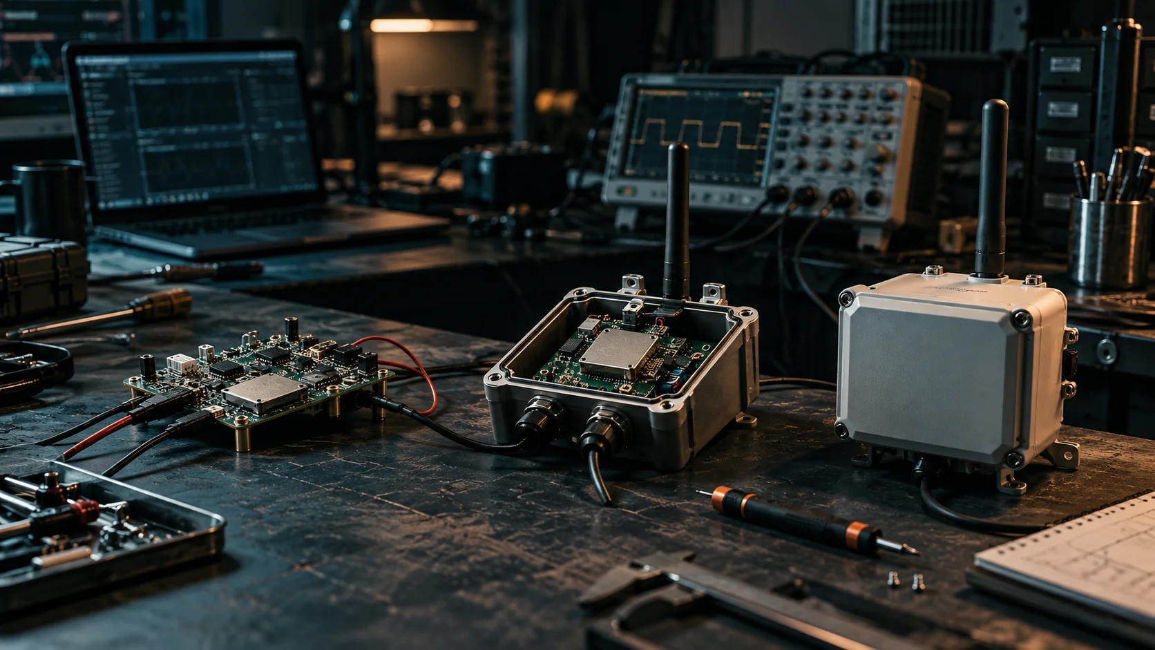 Prototype circuit board, instrumented pilot enclosure, and finished connected field device on an engineering test bench